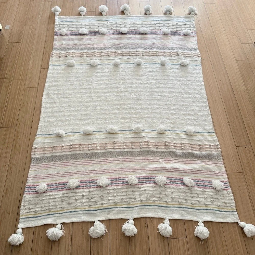 Boho Woven Tassels Fringe Pink Multi Stripe Chunky Throw Blanket